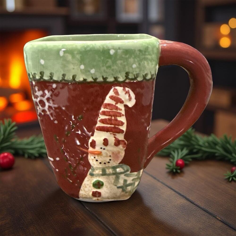 Cracker Barrel Christmas Quilt Snowman Mug Red Green White Ceramic Holiday